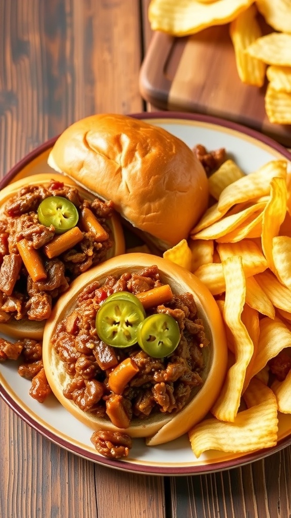 A delicious serving of Beef Sloppy Joes on buns with pickles and potato chips on a rustic table.